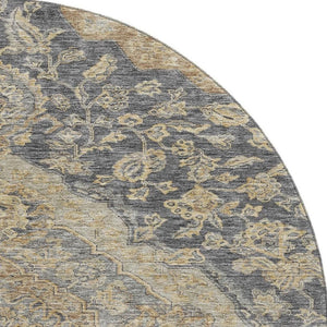 HomeRoots 8' Elegant Charcoal Copper Floral Medallion Washable Round Rug with UV Protection & Stain Resistance 686882