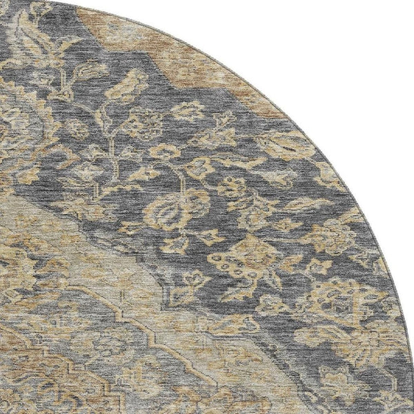 HomeRoots 8' Elegant Charcoal Copper Floral Medallion Washable Round Rug with UV Protection & Stain Resistance 686882