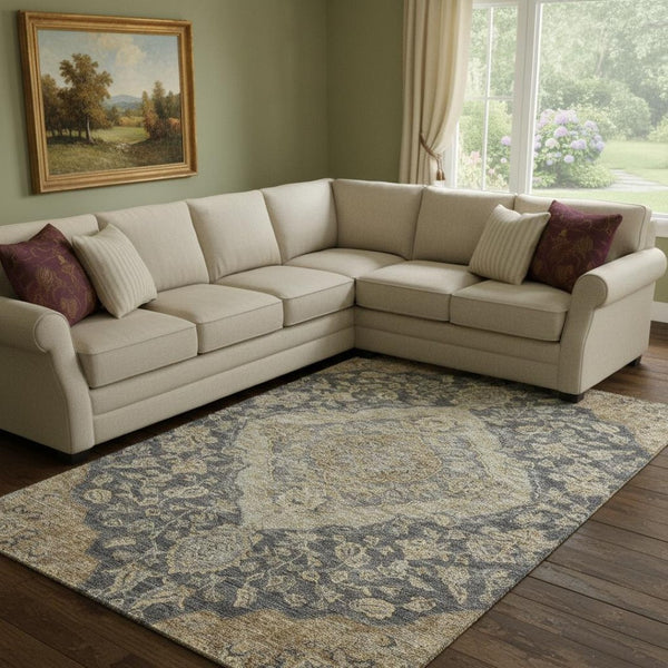 HomeRoots 8' X 10' Elegant Floral Medallion Area Rug - Washable, UV-Protected, Stain-Resistant & Durable Design 686883