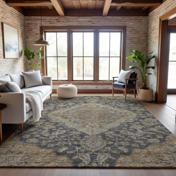HomeRoots 9' X 12' Charcoal Copper Floral Medallion Area Rug - Washable, Stain-Resistant, UV-Protected Beauty 686884