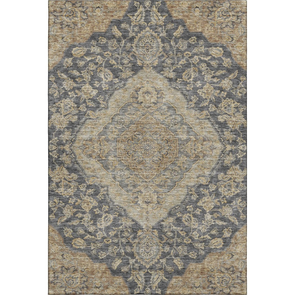 HomeRoots 9' X 12' Charcoal Copper Floral Medallion Area Rug - Washable, Stain-Resistant, UV-Protected Beauty 686884