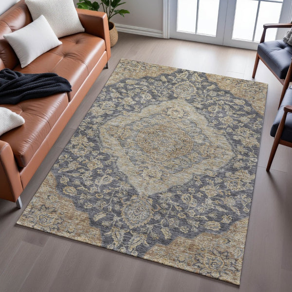 HomeRoots 9' X 12' Charcoal Copper Floral Medallion Area Rug - Washable, Stain-Resistant, UV-Protected Beauty 686884
