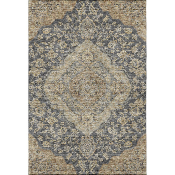 HomeRoots 9' X 12' Charcoal Copper Floral Medallion Area Rug - Washable, Stain-Resistant, UV-Protected Beauty 686884