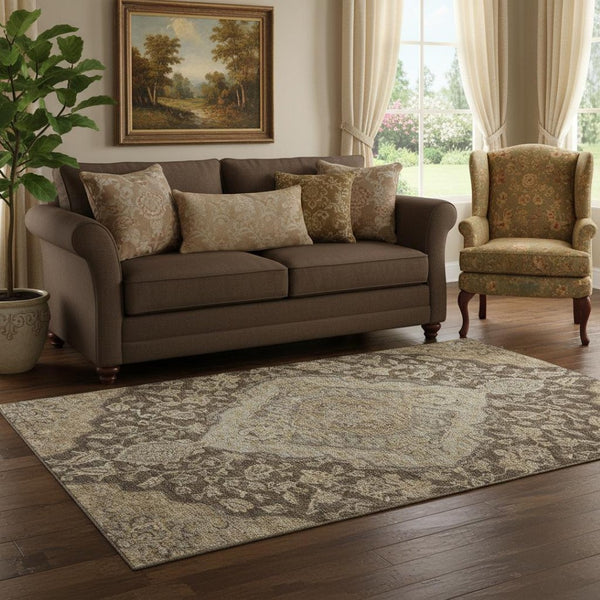 HomeRoots 5' X 8' Chocolate Beige & Gray Floral Medallion Area Rug - Washable, UV Protected, Stain Resistant 686887