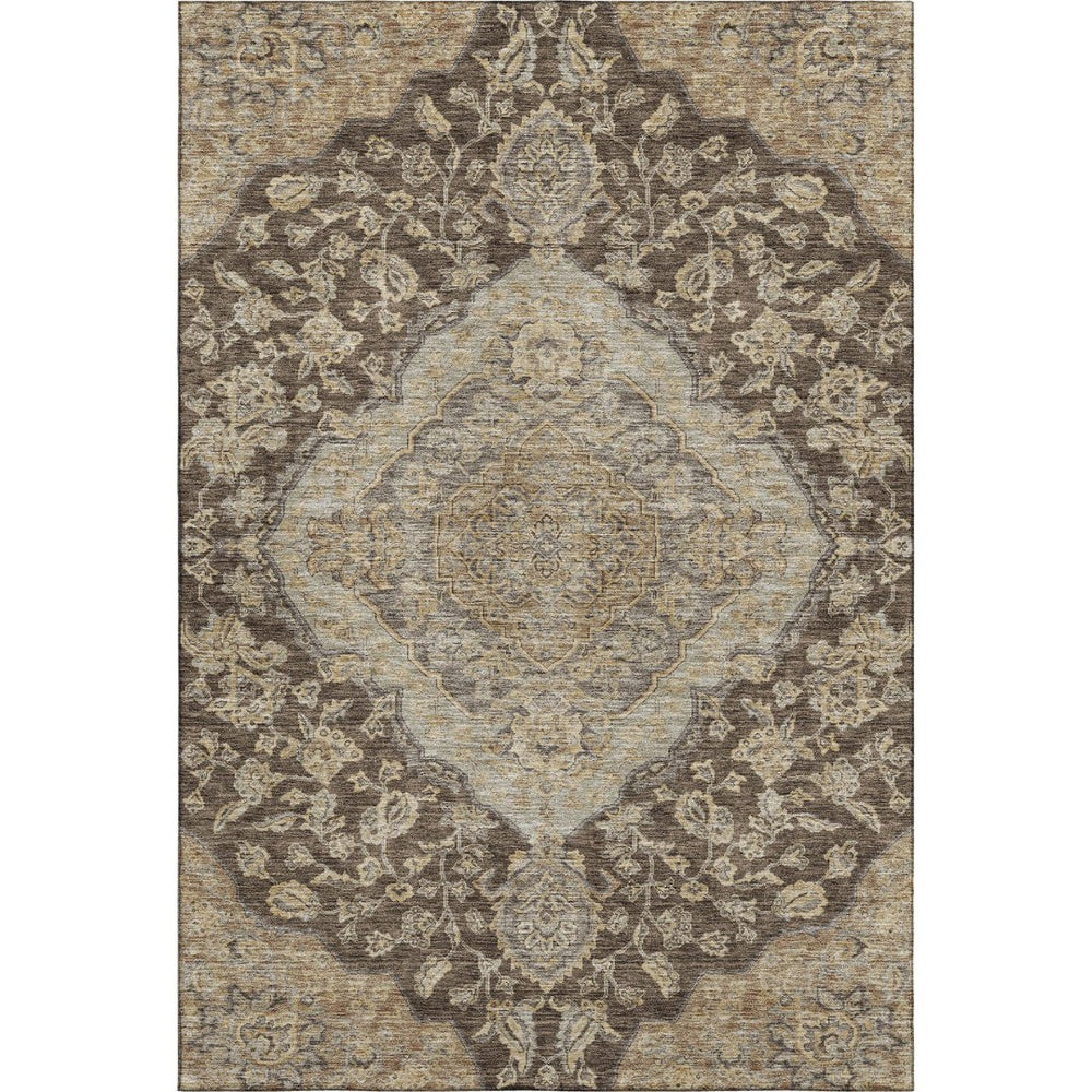 HomeRoots 5' X 8' Chocolate Beige & Gray Floral Medallion Area Rug - Washable, UV Protected, Stain Resistant 686887