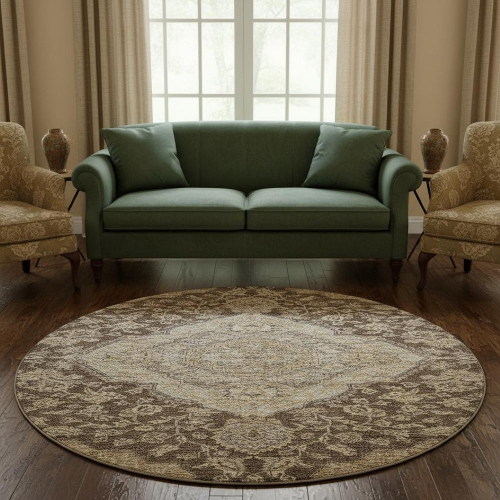 HomeRoots 8' Washable Round Rug with Floral Medallion Design in Chocolate, Beige & Gray – UV Protected Elegance 686888
