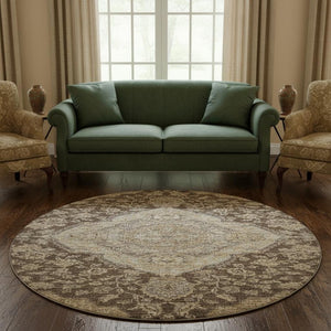 HomeRoots 8' Washable Round Rug with Floral Medallion Design in Chocolate, Beige & Gray – UV Protected Elegance 686888