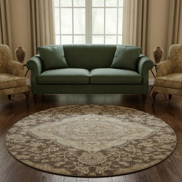 HomeRoots 8' Washable Round Rug with Floral Medallion Design in Chocolate, Beige & Gray – UV Protected Elegance 686888