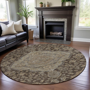 HomeRoots 8' Washable Round Rug with Floral Medallion Design in Chocolate, Beige & Gray – UV Protected Elegance 686888