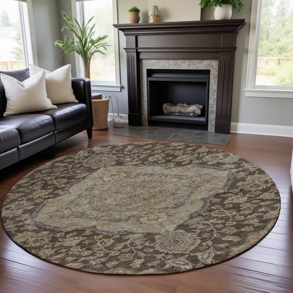 HomeRoots 8' Washable Round Rug with Floral Medallion Design in Chocolate, Beige & Gray – UV Protected Elegance 686888
