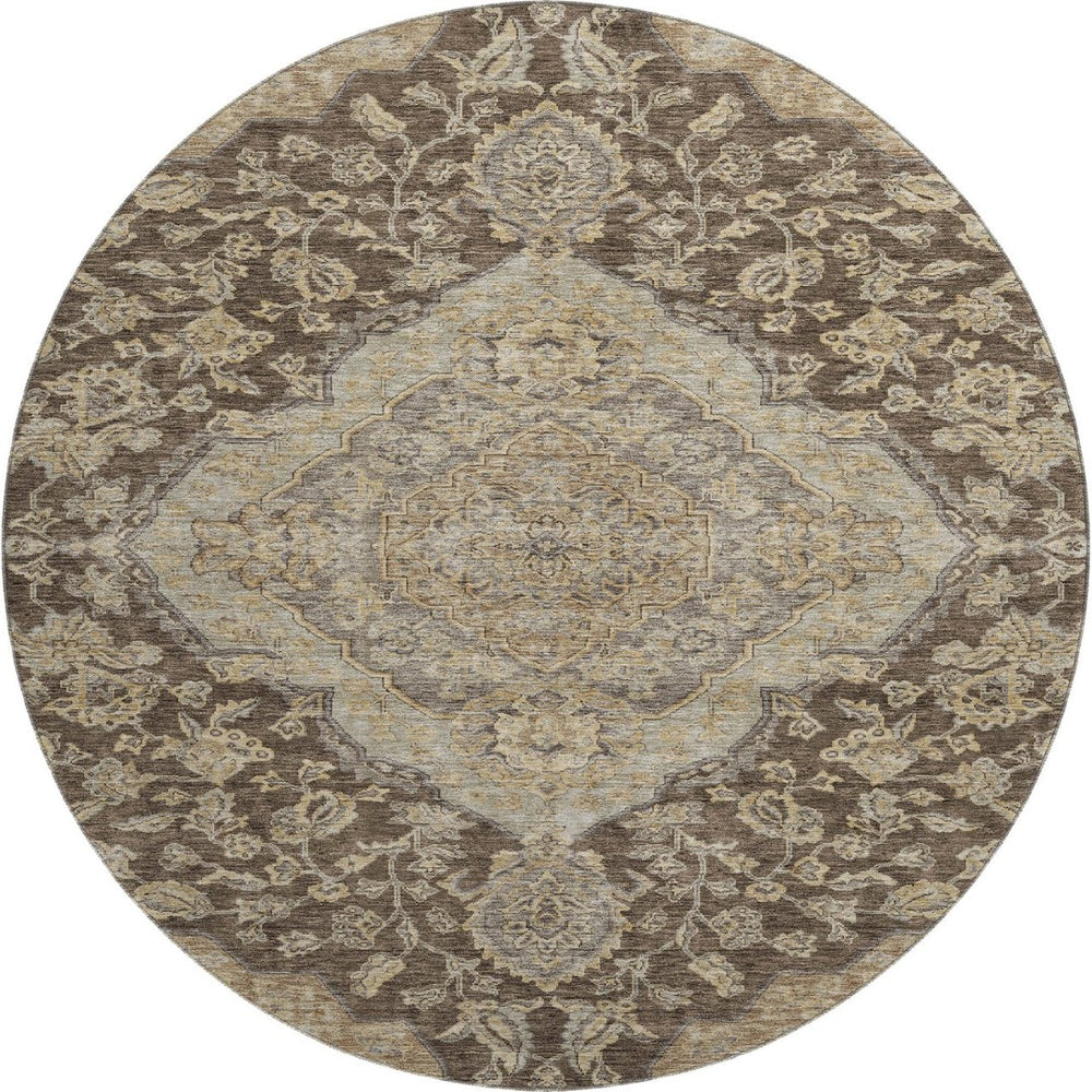 HomeRoots 8' Washable Round Rug with Floral Medallion Design in Chocolate, Beige & Gray – UV Protected Elegance 686888