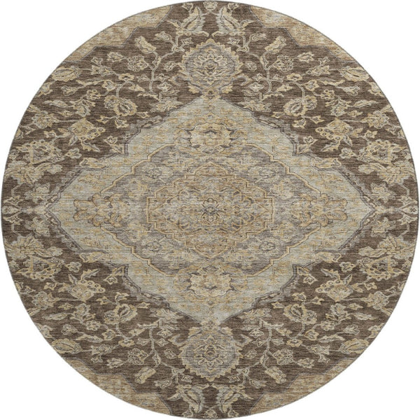 HomeRoots 8' Washable Round Rug with Floral Medallion Design in Chocolate, Beige & Gray – UV Protected Elegance 686888