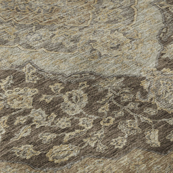 HomeRoots 8' Washable Round Rug with Floral Medallion Design in Chocolate, Beige & Gray – UV Protected Elegance 686888