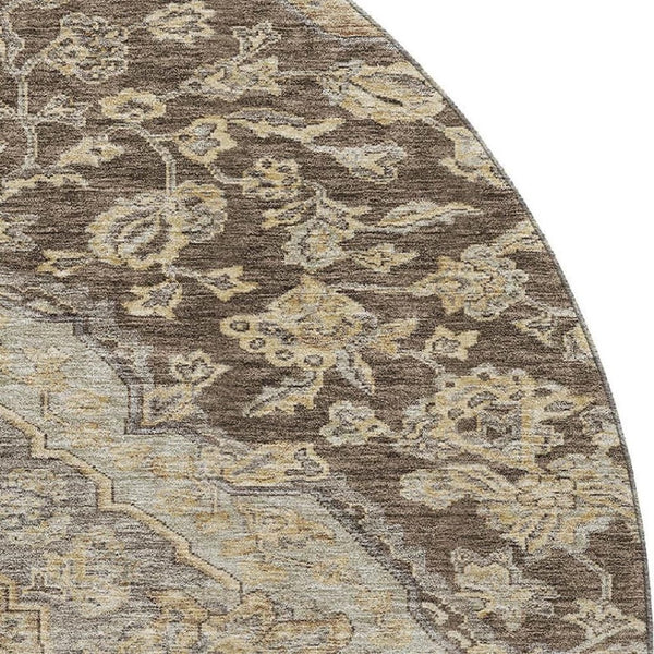 HomeRoots 8' Washable Round Rug with Floral Medallion Design in Chocolate, Beige & Gray – UV Protected Elegance 686888