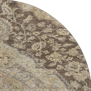 HomeRoots 8' Washable Round Rug with Floral Medallion Design in Chocolate, Beige & Gray – UV Protected Elegance 686888