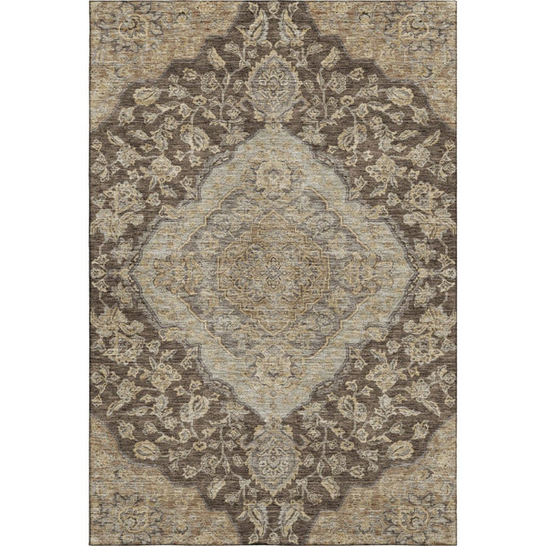 HomeRoots 8' X 10' Washable Floral Medallion Area Rug in Chocolate Beige & Gray - UV Protected, Pet-Friendly Decor 686889