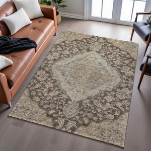 HomeRoots 8' X 10' Washable Floral Medallion Area Rug in Chocolate Beige & Gray - UV Protected, Pet-Friendly Decor 686889