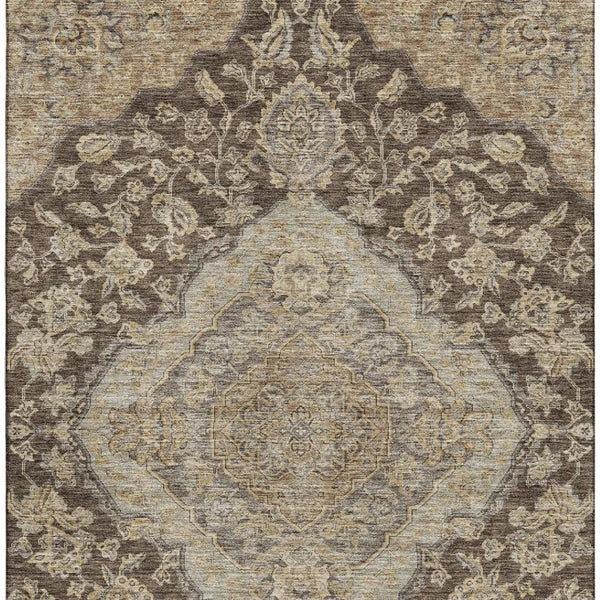 HomeRoots 8' X 10' Washable Floral Medallion Area Rug in Chocolate Beige & Gray - UV Protected, Pet-Friendly Decor 686889