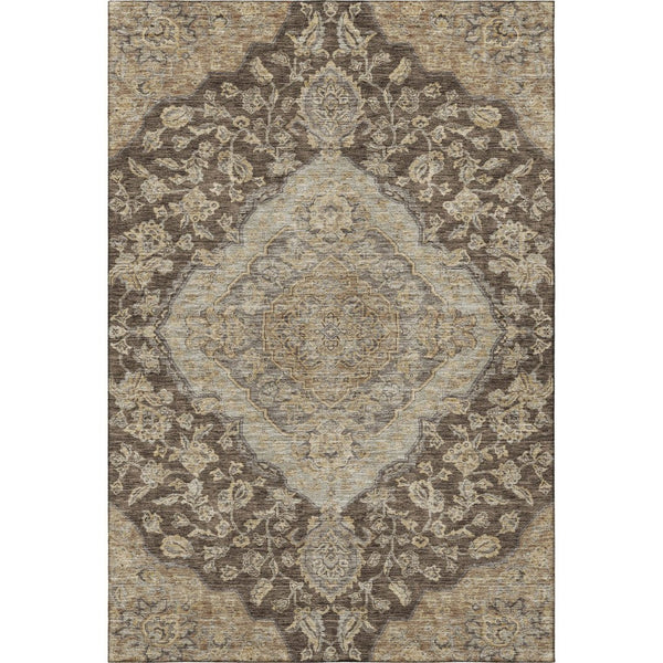 HomeRoots 8' X 10' Washable Floral Medallion Area Rug in Chocolate Beige & Gray - UV Protected, Pet-Friendly Decor 686889