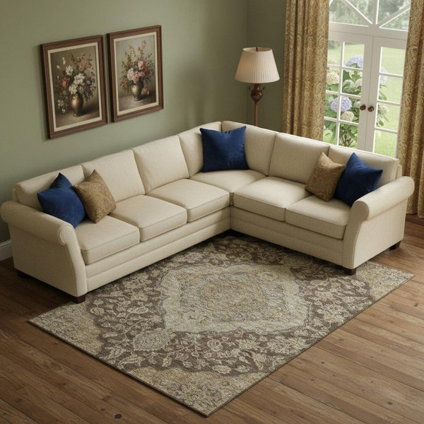 HomeRoots 9' X 12' Floral Medallion Area Rug in Chocolate Beige & Gray – Washable, UV Protected, Durable Décor 686890