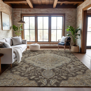 HomeRoots 9' X 12' Floral Medallion Area Rug in Chocolate Beige & Gray – Washable, UV Protected, Durable Décor 686890