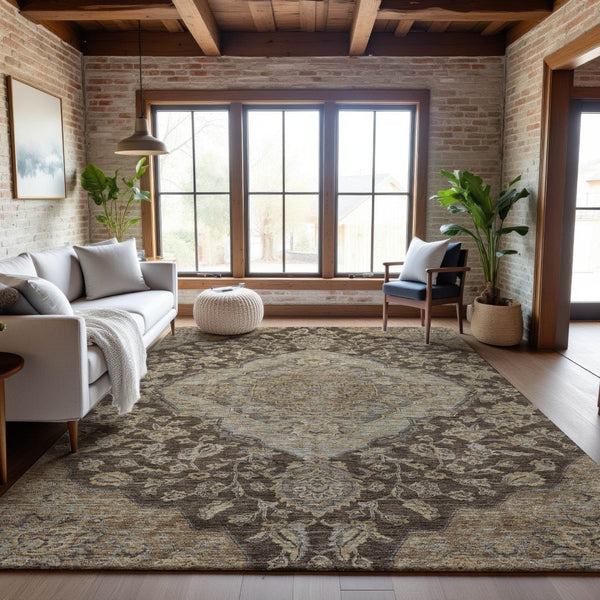 HomeRoots 9' X 12' Floral Medallion Area Rug in Chocolate Beige & Gray – Washable, UV Protected, Durable Décor 686890