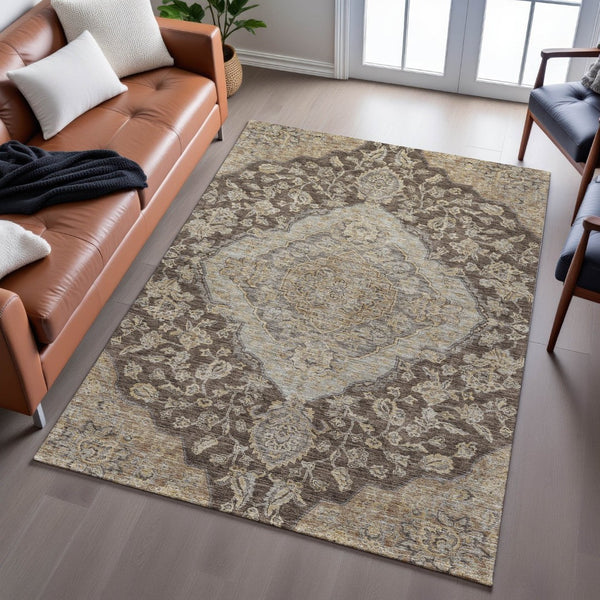 HomeRoots 9' X 12' Floral Medallion Area Rug in Chocolate Beige & Gray – Washable, UV Protected, Durable Décor 686890
