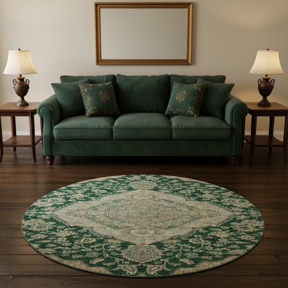 HomeRoots 8' Elegant Floral Medallion Round Rug in Emerald, Beige & Taupe - Washable, UV Protected & Durable 686894