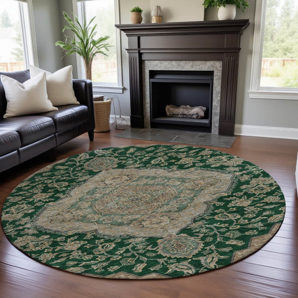HomeRoots 8' Elegant Floral Medallion Round Rug in Emerald, Beige & Taupe - Washable, UV Protected & Durable 686894