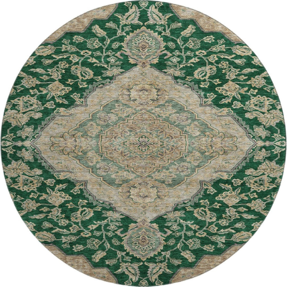 HomeRoots 8' Elegant Floral Medallion Round Rug in Emerald, Beige & Taupe - Washable, UV Protected & Durable 686894