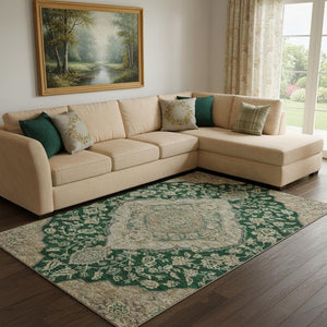 HomeRoots 8' X 10' Elegant Floral Medallion Area Rug in Emerald, Beige, Taupe - Washable with UV Protection! 686895