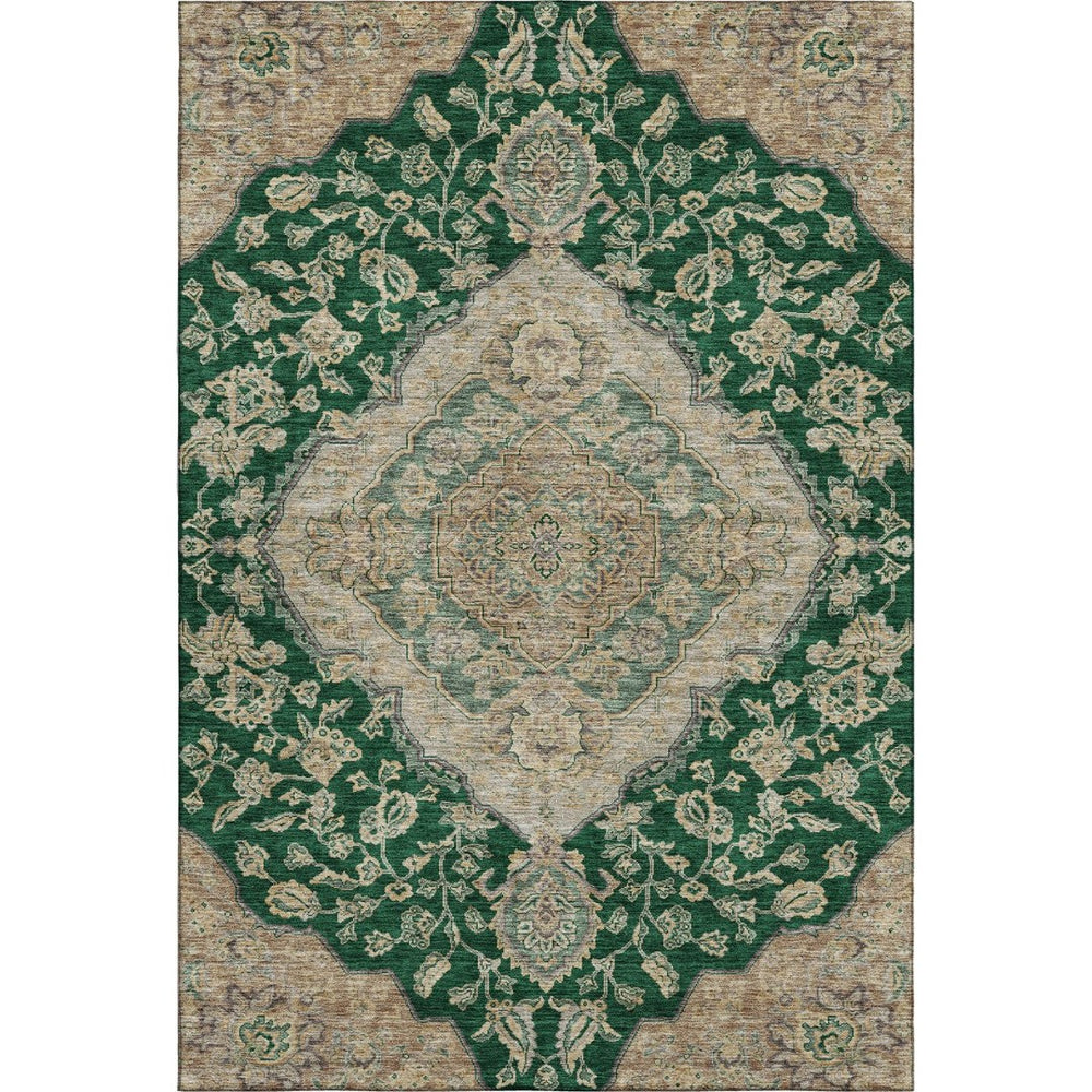 HomeRoots 8' X 10' Elegant Floral Medallion Area Rug in Emerald, Beige, Taupe - Washable with UV Protection! 686895