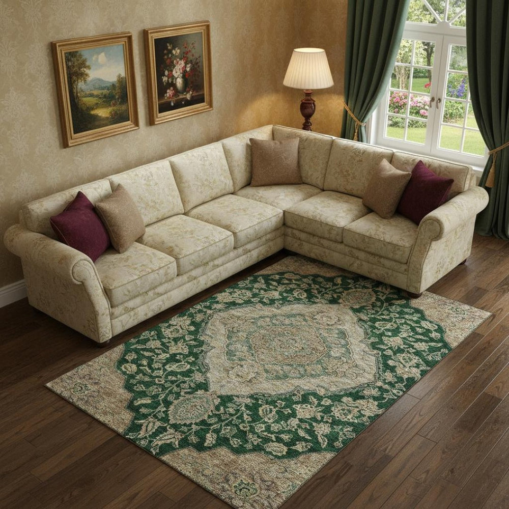 HomeRoots 9' X 12' Emerald Beige Floral Medallion Area Rug – Washable, UV-Protected, Stain Resistant, Stylish Comfort 686896