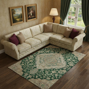 HomeRoots 9' X 12' Emerald Beige Floral Medallion Area Rug – Washable, UV-Protected, Stain Resistant, Stylish Comfort 686896