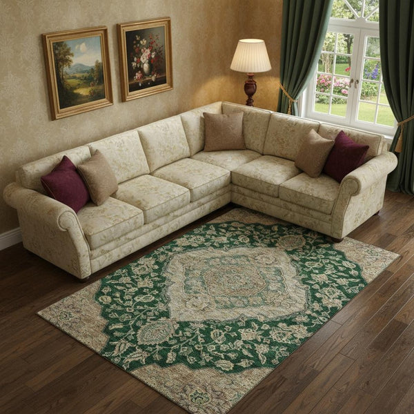 HomeRoots 9' X 12' Emerald Beige Floral Medallion Area Rug – Washable, UV-Protected, Stain Resistant, Stylish Comfort 686896