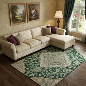 HomeRoots 10' X 14' Floral Medallion Area Rug in Emerald, Beige & Taupe - Washable, Stain-Resistant & UV Protected 686897