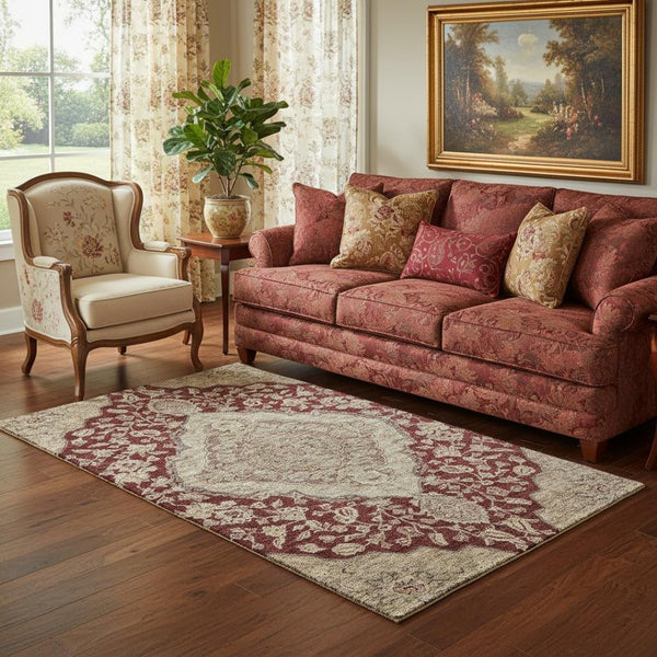 HomeRoots 5' X 8' Floral Medallion Area Rug in Burgundy, Beige & Gray – Washable, UV Protected, Durable Design 686899