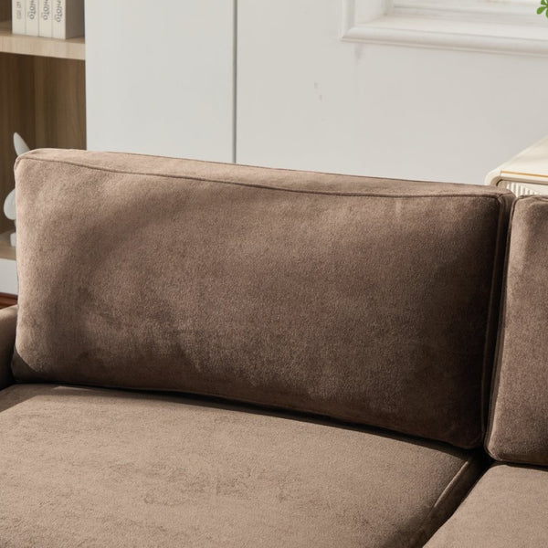 English Elm Mid-century Modern Boucle Upholstered Three Seat Sofa with Walnut Finish Wood Legs Dark Brown N773P411407D