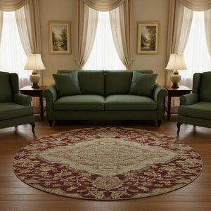 HomeRoots 8' Elegant Burgundy Beige Gray Floral Medallion Round Rug - Washable, Stain Resistant & UV Protected 686900