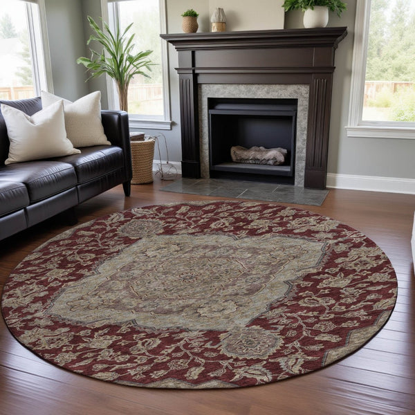 HomeRoots 8' Elegant Burgundy Beige Gray Floral Medallion Round Rug - Washable, Stain Resistant & UV Protected 686900