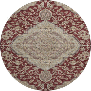 HomeRoots 8' Elegant Burgundy Beige Gray Floral Medallion Round Rug - Washable, Stain Resistant & UV Protected 686900