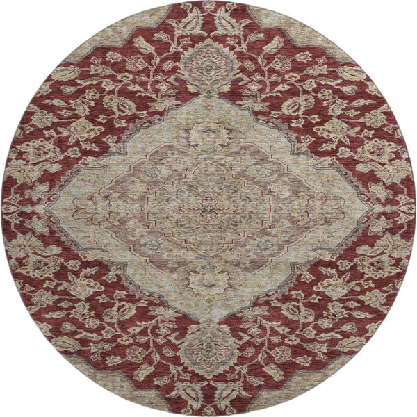 HomeRoots 8' Elegant Burgundy Beige Gray Floral Medallion Round Rug - Washable, Stain Resistant & UV Protected 686900
