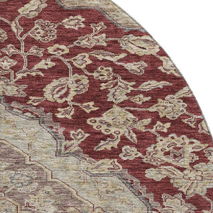 HomeRoots 8' Elegant Burgundy Beige Gray Floral Medallion Round Rug - Washable, Stain Resistant & UV Protected 686900