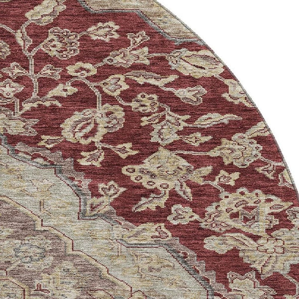 HomeRoots 8' Elegant Burgundy Beige Gray Floral Medallion Round Rug - Washable, Stain Resistant & UV Protected 686900