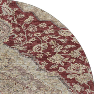 HomeRoots 8' Elegant Burgundy Beige Gray Floral Medallion Round Rug - Washable, Stain Resistant & UV Protected 686900
