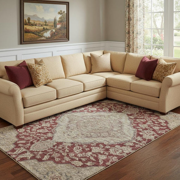 HomeRoots 8' X 10' Elegant Burgundy Beige Gray Floral Medallion Area Rug - Washable, UV-Protected, Durable Design 686901