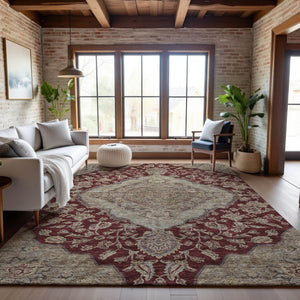 HomeRoots 8' X 10' Elegant Burgundy Beige Gray Floral Medallion Area Rug - Washable, UV-Protected, Durable Design 686901