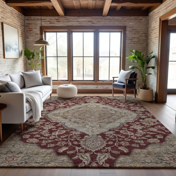 HomeRoots 8' X 10' Elegant Burgundy Beige Gray Floral Medallion Area Rug - Washable, UV-Protected, Durable Design 686901