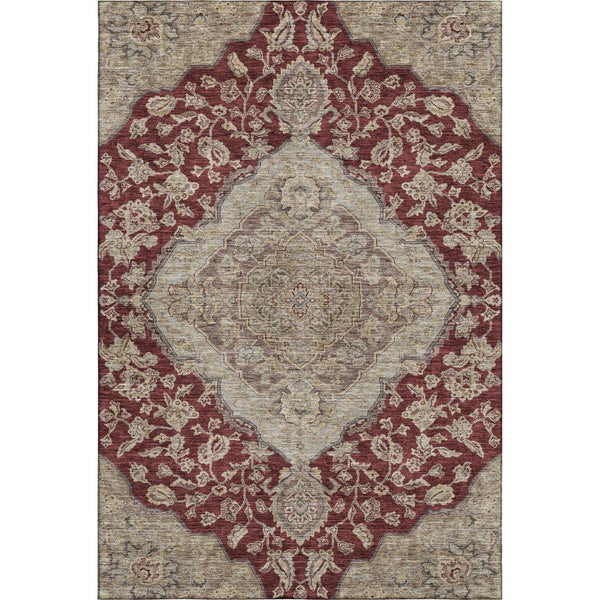 HomeRoots 8' X 10' Elegant Burgundy Beige Gray Floral Medallion Area Rug - Washable, UV-Protected, Durable Design 686901