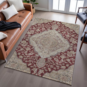 HomeRoots 8' X 10' Elegant Burgundy Beige Gray Floral Medallion Area Rug - Washable, UV-Protected, Durable Design 686901